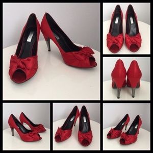Zara red peep toe stilettos bow silver high heel shoes